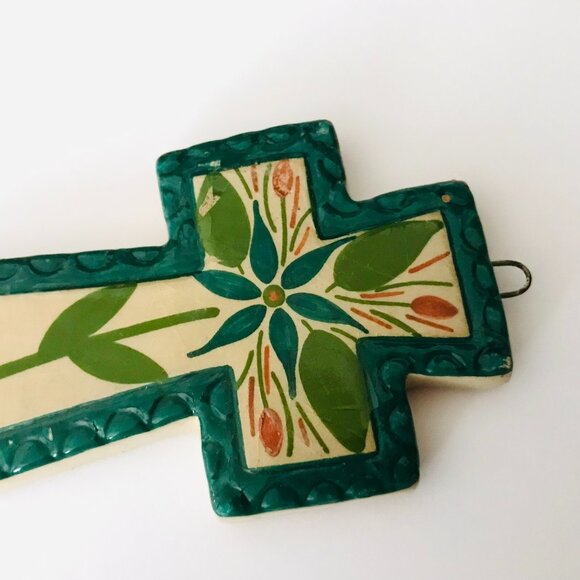 Hecho En Mexico Ceramic Cross Handmade Green 3" Small Wall Decor Mexican - Picture 4 of 6
